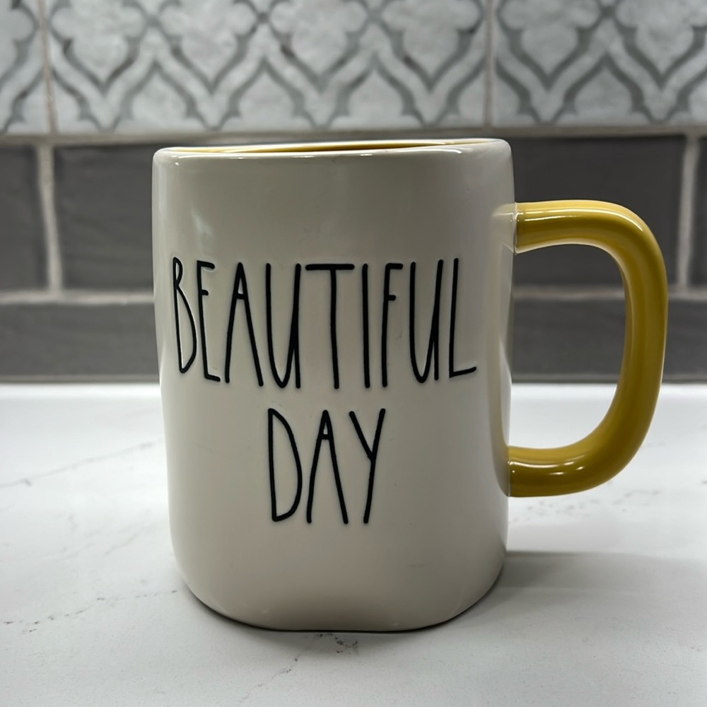 White Rae Dunn Mug with ‘BEAUTIFUL DAY’ and Yellow Handle